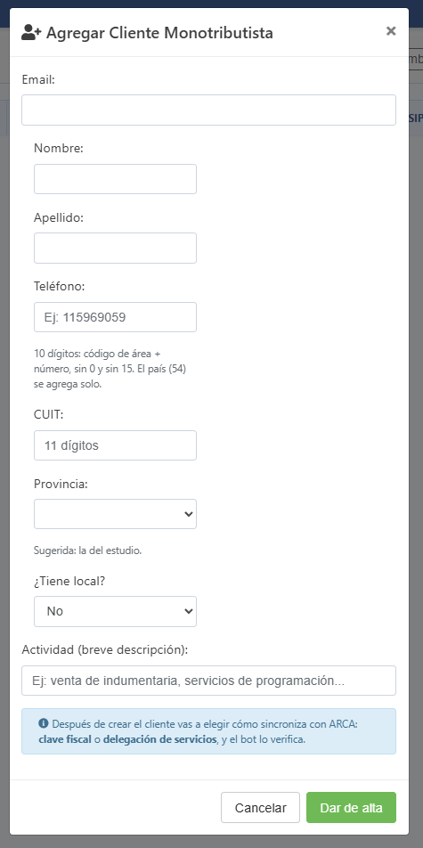 Modal Agregar Cliente Monotributista — AppContador