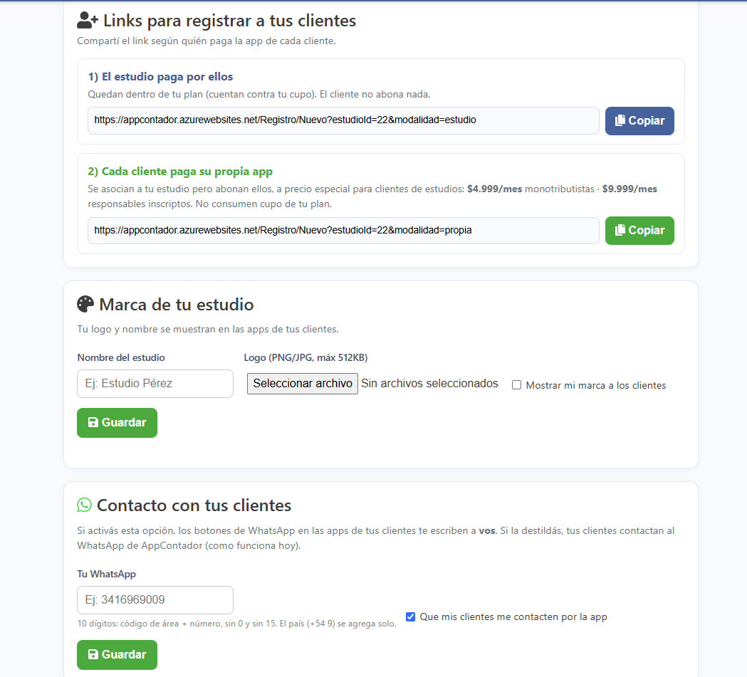 Configuración de marca, WhatsApp y modalidades de cobro del estudio — AppContador