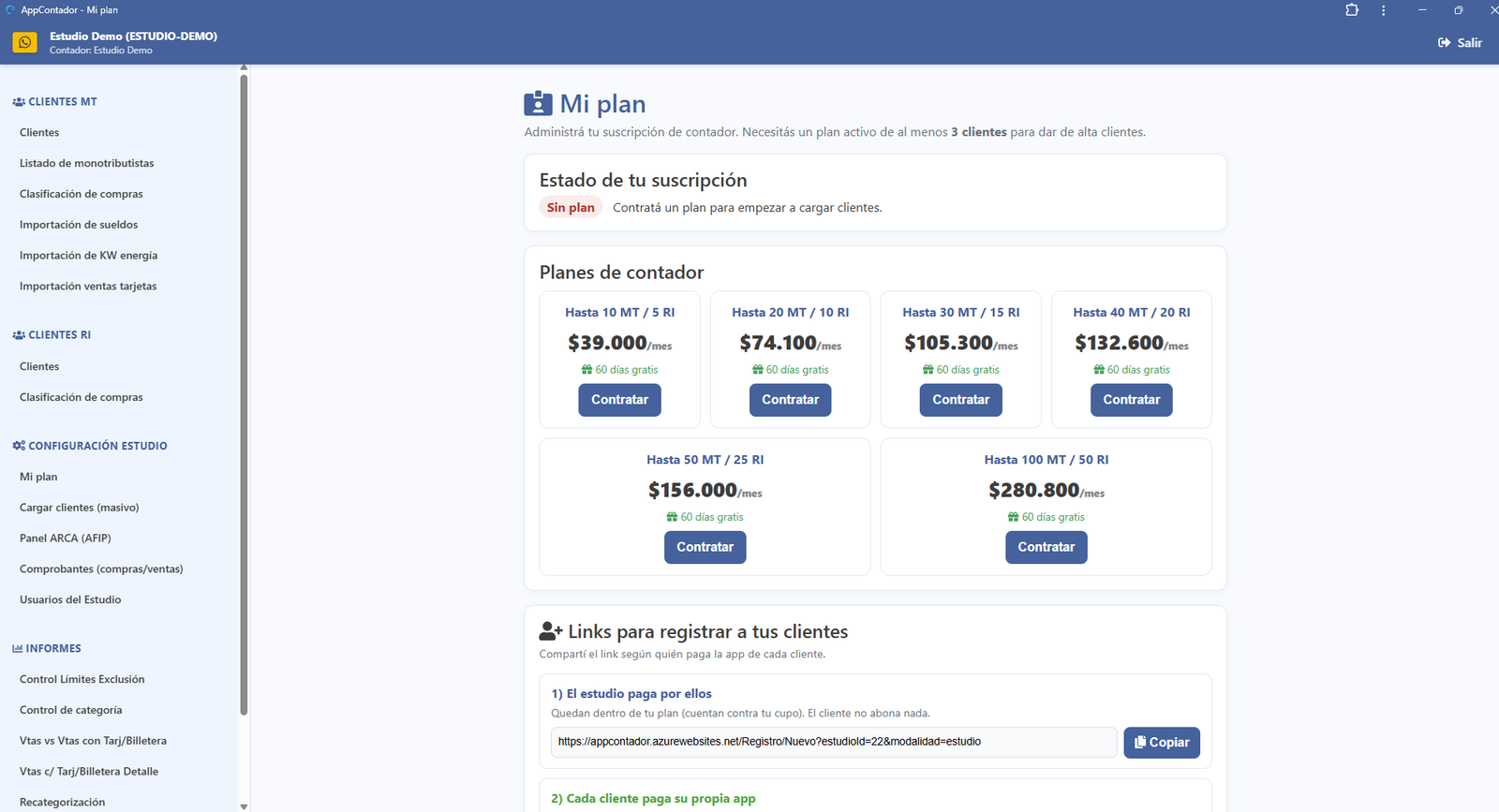 Pantalla Mi Plan — planes de contador AppContador