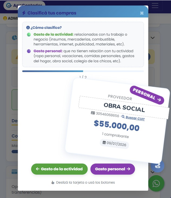 Deslizar tarjeta a la derecha para gasto personal