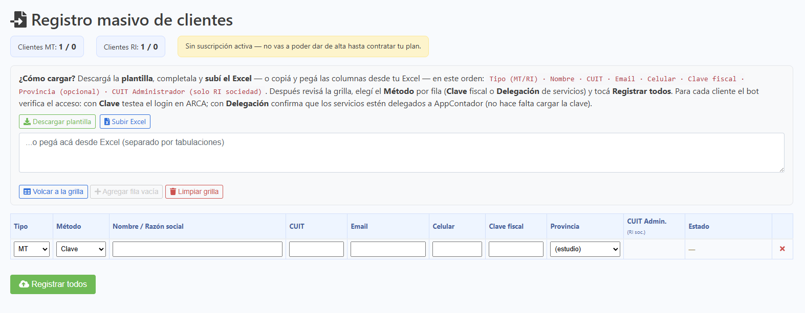 Registro masivo de clientes — AppContador