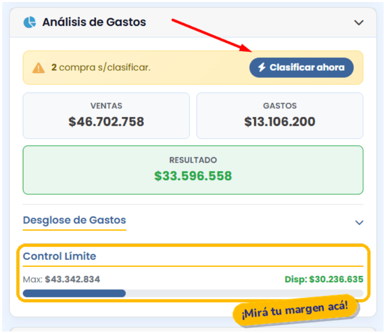 Dashboard de AppContador mostrando la barra de control de límite de gastos