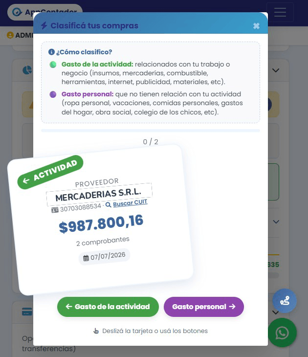 Deslizar tarjeta a la izquierda para gasto de actividad