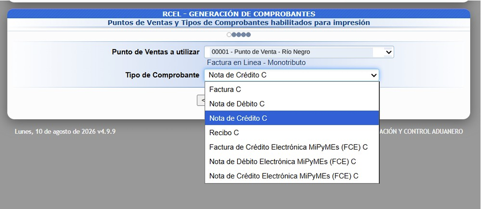 Menú de ARCA para elegir el tipo de comprobante