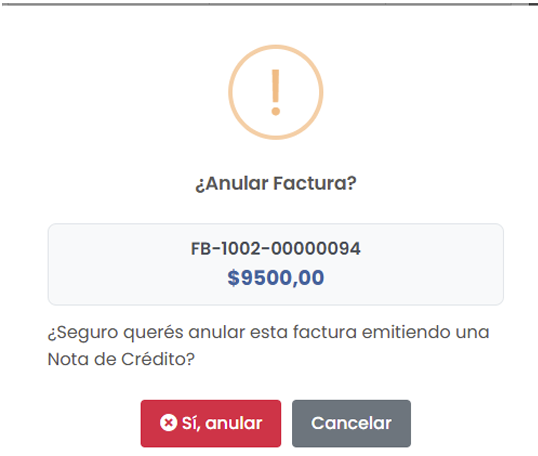 Confirmación de anular factura en AppContador