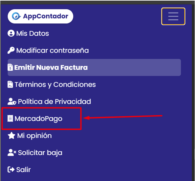 Sección MercadoPago en el menú principal de AppContador