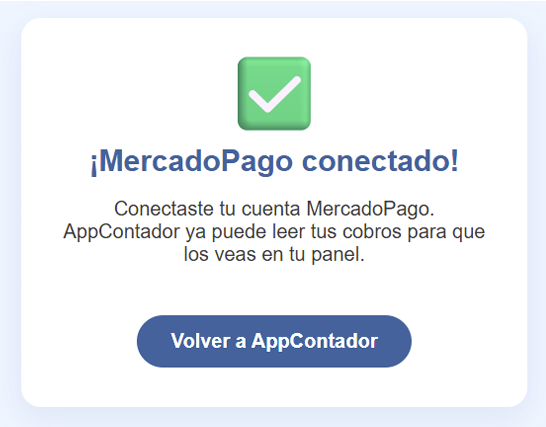 Confirmación de conexión de Mercado Pago en AppContador