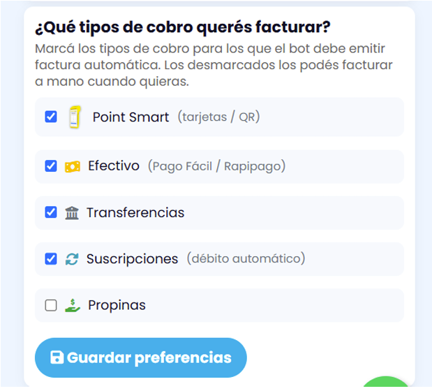 Selector de tipos de cobro que el BOT factura automáticamente